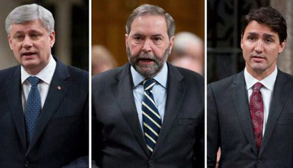Los candidates Stephen Harper, Thomas Mulcair y Justin Trudeau Foto archivo.